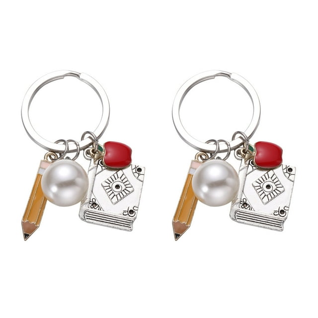 CIMAXIC Pencil Keychains Apple Pencil Key Holder Book Pearl Pendant Keychains Teachers Day Key Rings School Theme Ornaments Gift,1.26"X0.2"X0.06"