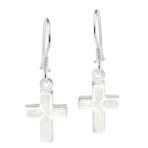 Mini Cross Inlaid White Mother of Pearl Sterling Silver Dangle Earrings