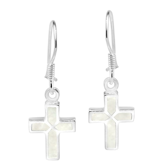 Mini Cross Inlaid White Mother of Pearl Sterling Silver Dangle Earrings