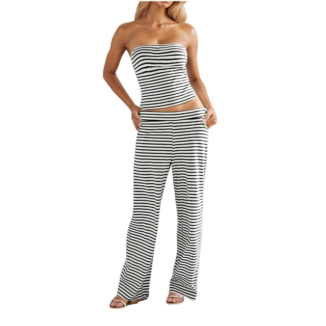 2 Pcs Femmes Été Rayé Imprimé Haut Tube Sans Manches et Pantalon à Jambe Grand avec Poches