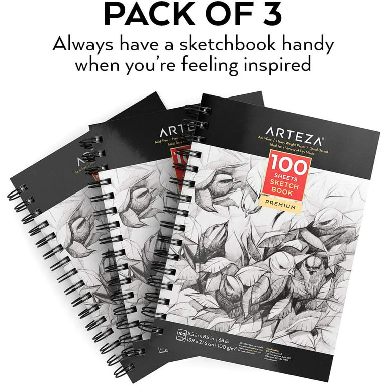 Arteza Spiral Sketchbook, Pink Hardcover, 5.5x8.5 inch, 100 Sheets of Drawing Paper - 3 Pack