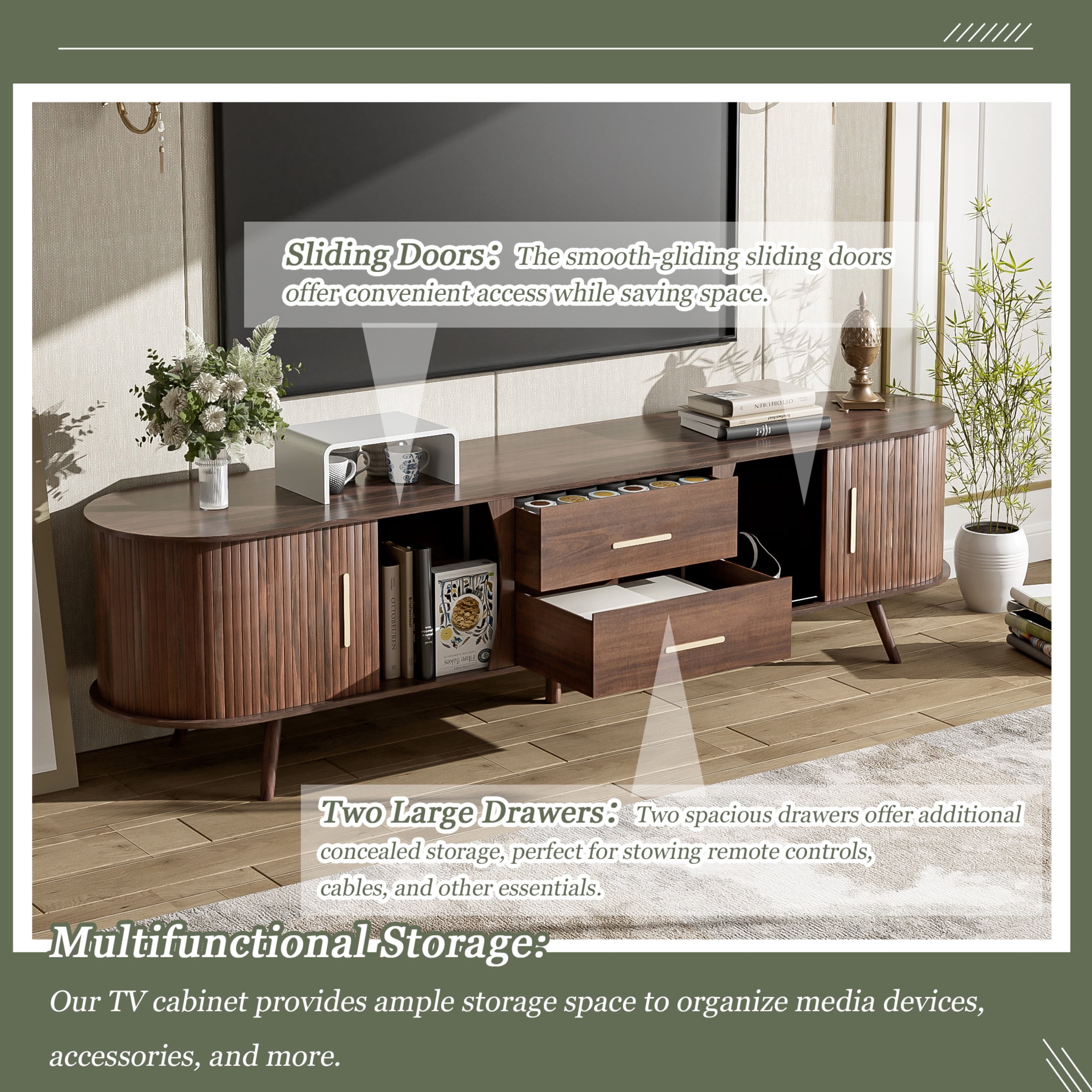 Noble House TV Stand for TVs up to 80", Media Console with Sliding Doors and Drawers, Dark Brown