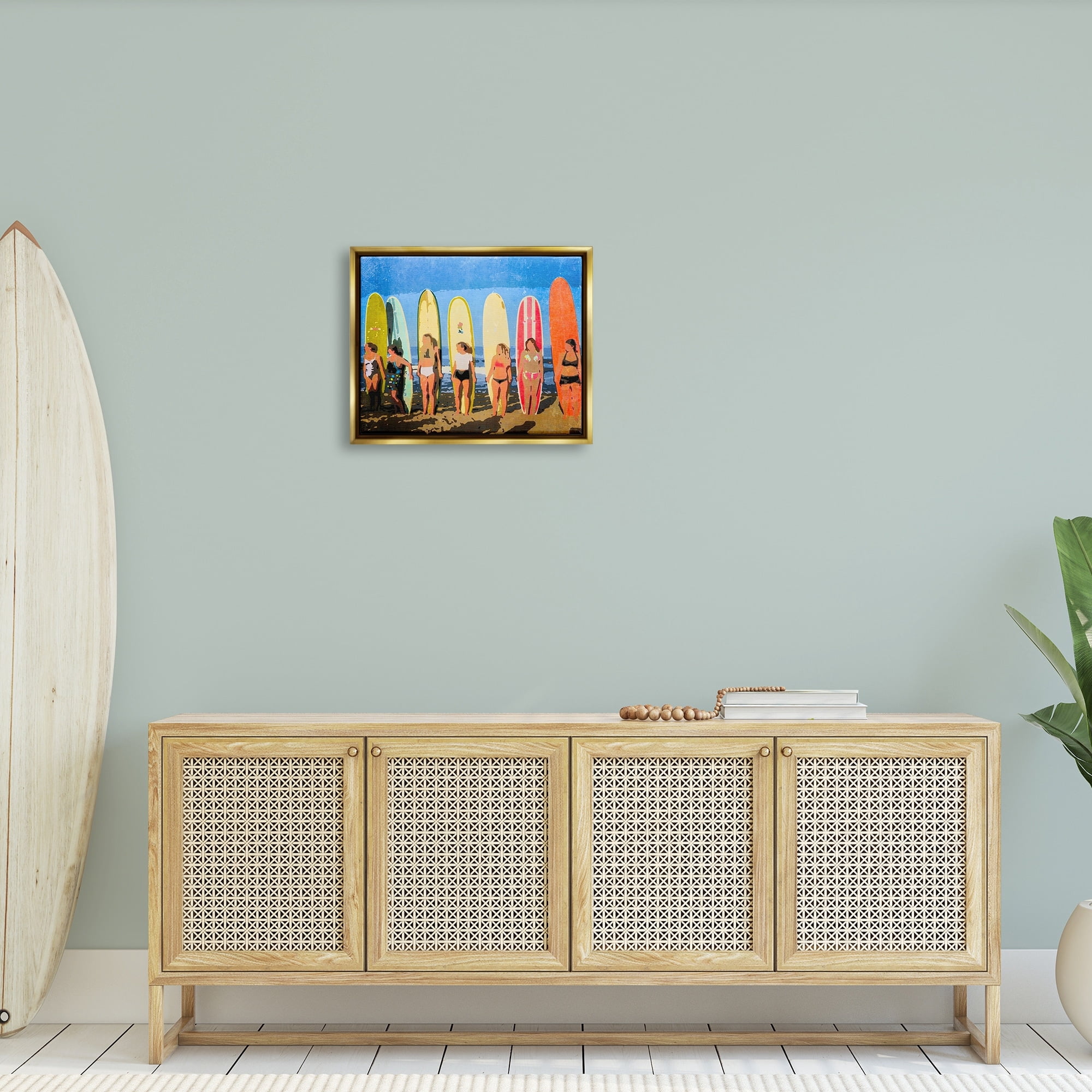 Stupell Industries Modern Pop Style Women Surfing Ocean Sports Graphic Art Metallic Gold Floating Framed Canvas Print Wall Art, Design by Graffitee Studios