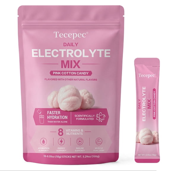 Tecepec Daily Electrolyte Mix Powder Packets, Pink Cotton Candy Flavor, Hydration Drink Supplement with Potassium, Sodium & B‑Vitamins, 15 Stick Packs