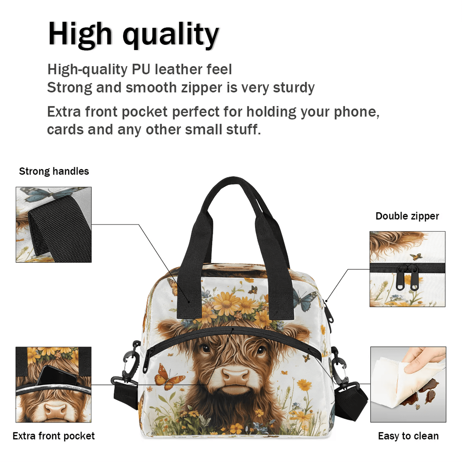 Herdesigns Highland Cow Lunch Bag for Women Men Adult, Cute Large Insulated Reusable Lunch Box Leakproof Portable Cooler Tote Bags for Work Picnic Beach