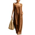 thumbnail image 3 of Women's Linen-Blend Sleeveless Jumpsuit - Spaghetti Strap Wide Leg Romper with Pockets, Loose Fit Casual One-Piece for Spring & Summer Coffee M, 3 of 5