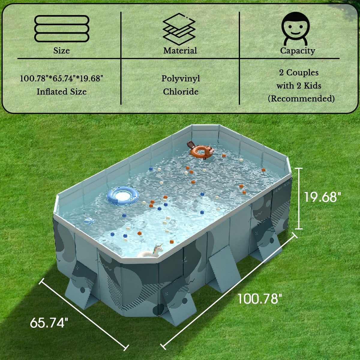 YUCHANG Foldable Swimming Pool, Large Non-Inflatable, Adults and Kids Outdoor, Green, 101" x 66" x 20"