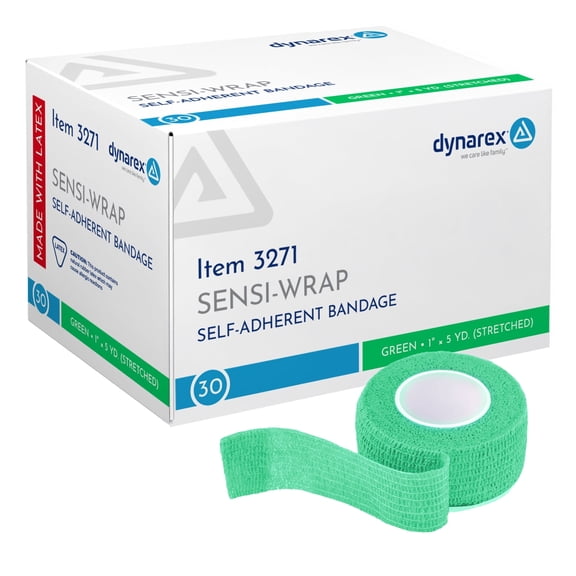 Dynarex Sensi Wrap, 30 Pack of Self Adhesive Bandage Wrap, 1"x 5 Yards, Green Color, Elastic Cohesive Bandage Wrap, Color Athletic Tape, Vet Wrap, Ankle Tape, Tattoo Grip Tape Wrap