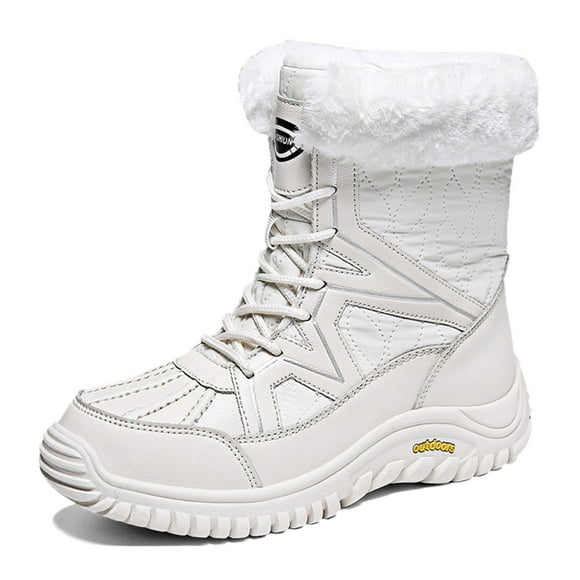 YOUSNH Women's Winter Boots Warm Lined Ladies Snow Boots Fashion Mid Carf Leather Boots Lace up Insulated Women Boots White 8