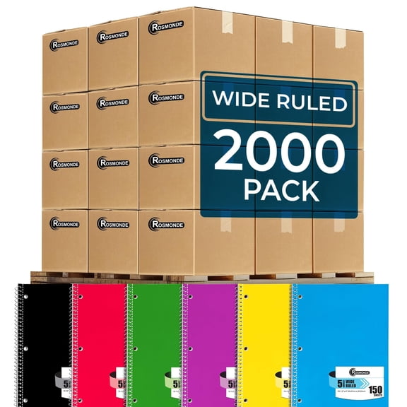 Rosmonde Spiral Notebooks Bulk Pallet, 2000 Pack, 5 Subject, Wide Ruled, 150 Sheets (300 Pages), 8 x 10.5 in, Bulk Spiral Notebooks for School & Office Use, 4–7 Day Transit