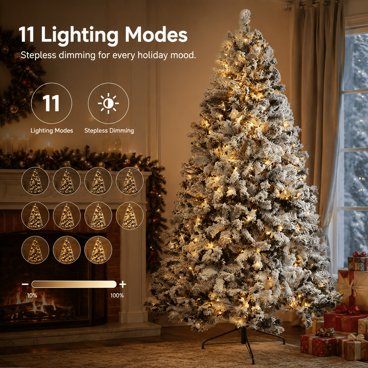Alvantor 7 ft Pre-Lit Snow-Flocked Artificial Christmas Tree with 400 Warm and Cool White LED Lights, Remote Control and 1000 PVC Tips