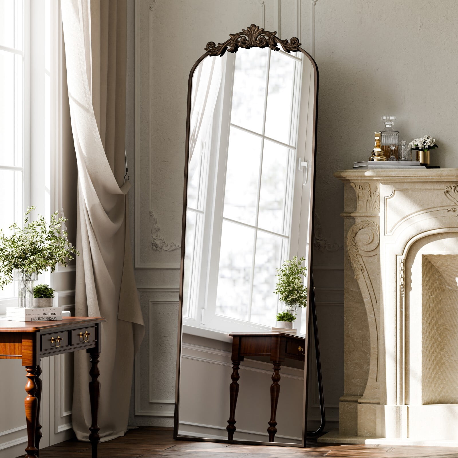 Easy4Home 66"x21" Vintage Arched Full Length Mirror Standing Floor Mirror with Baroque Style Carving Metal Frame, Antique Bronze