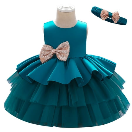 

Lovskoo Toddler Girls Net Yarn Embroidery Rhinestone Bowknot Birthday Party Gown Long Dresses Headband Suit Green 18-24 Months
