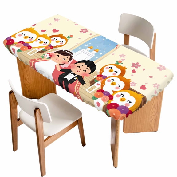 Japanese Wedding Table Cloths for 4 Foot Rectangle Tables, Cute Owls Cherry Blossoms Beige Patio Waterproof Elastic Fitted Tablecloths, Washable Rectangular Table Cover for Camping