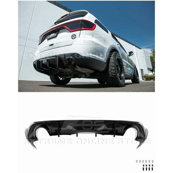 Replacement For 2014-Present Dodge Durango Models | Performance Track Style ABS Plastic - Painted Glossy Black Rear Bumper Dual Tips Diffuser