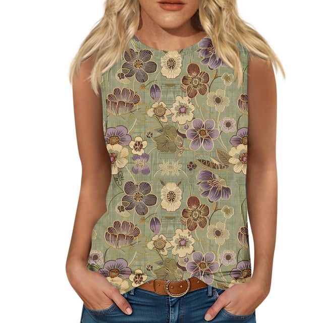 Snorda Débardeurs pour Femmes Grande Taille Débardeur Décontracté à Imprimé Floral Sans Manches à Encolure Ronde Blouse P-5TG