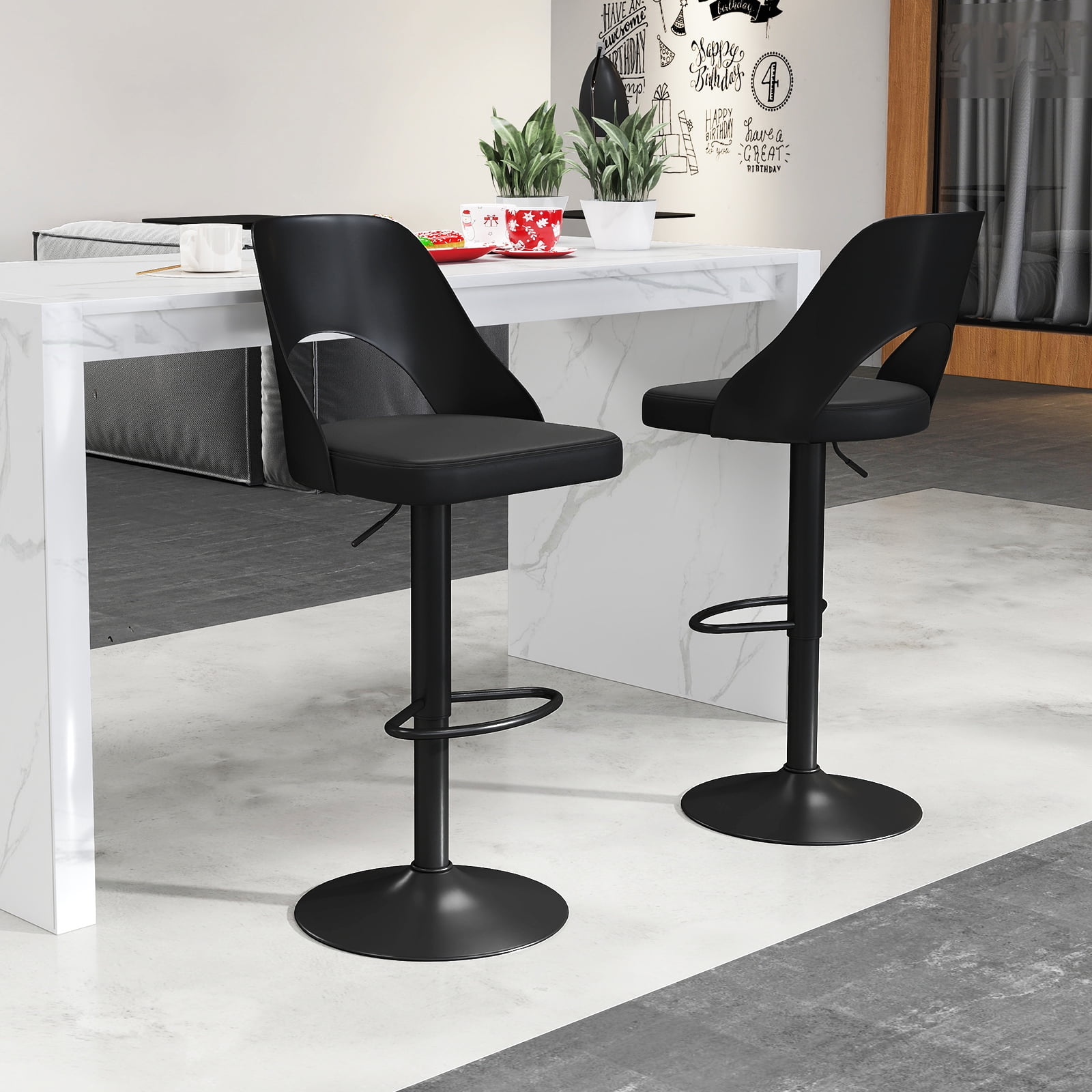 Gymax Bar Stools Set of 2 w/Enlarged PU Leather Seat Footrest Swivel Bar Chairs Black