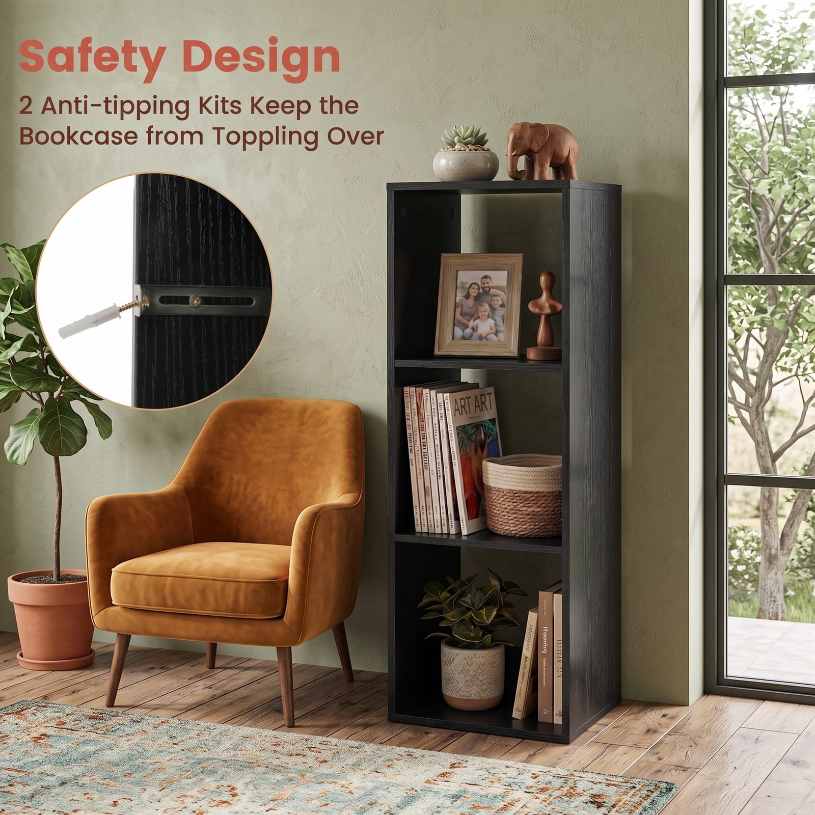 Furnibear 3 Cube Bookshelf with Back Guardrail, Engineered Wood Cube Storage Organizer Bookcase Display Shelf for Living Room Bedroom Home Office with, Black
