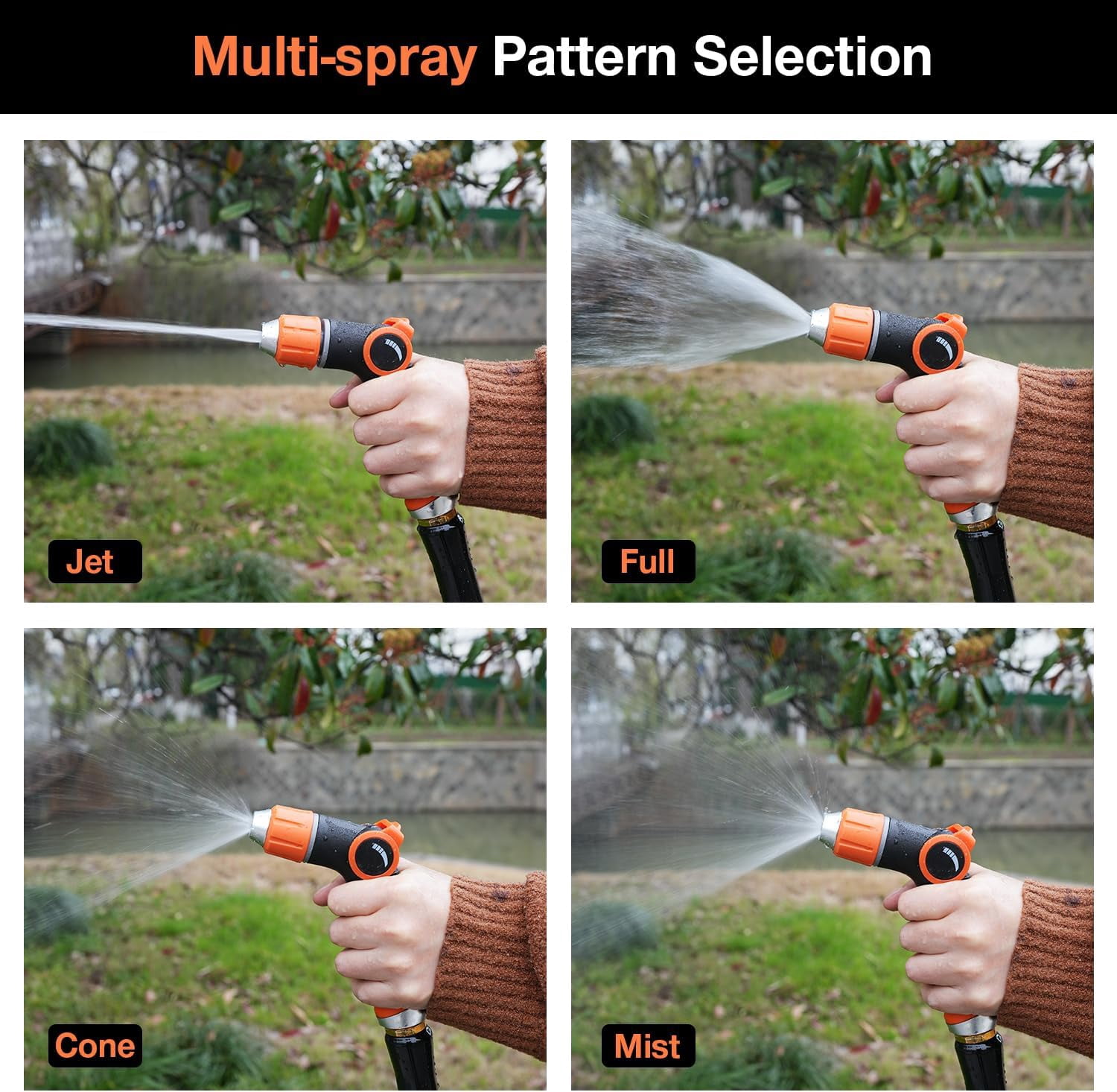 RGHJAR-Garden Hose Nozzle Sprayer High Pressure Water Hose Nozzle with 4 Patterns with Adjustable Spray for Car Washing, Garden Watering, Patio Cleaning and Pets (Orange)