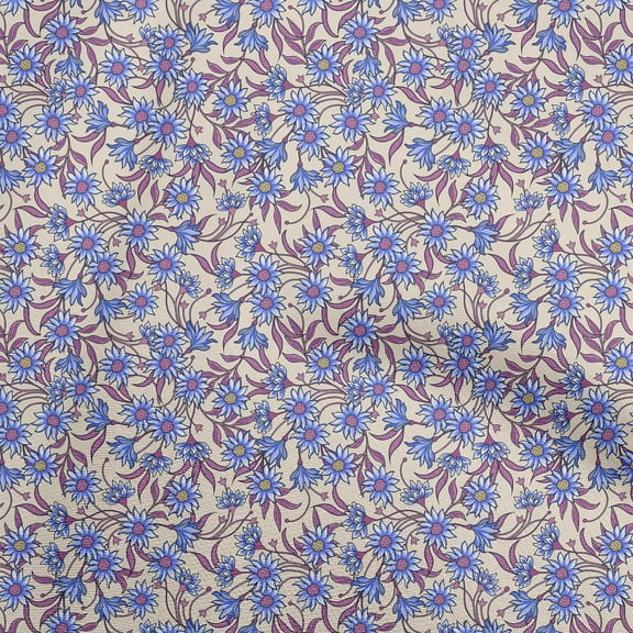 oneOone Cotton Cambric Medium Blue Fabric Floral Retro Craft Projects Decor Fabric Printed By The Yard 42 Inch Wide