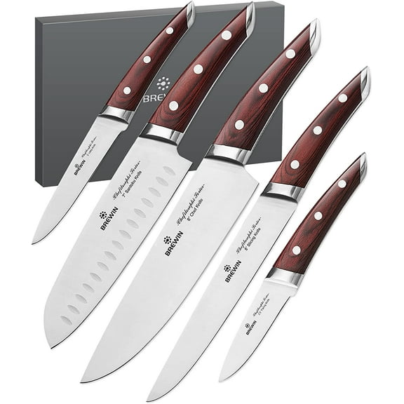Mojitor Japanese Chef Knife Set 5 PCS with Elegant Red Pakkawood Handle Ergonomic Design,Professional Ultra Sharp Kitchen Knives for Cooking High Carbon Stainless Steel