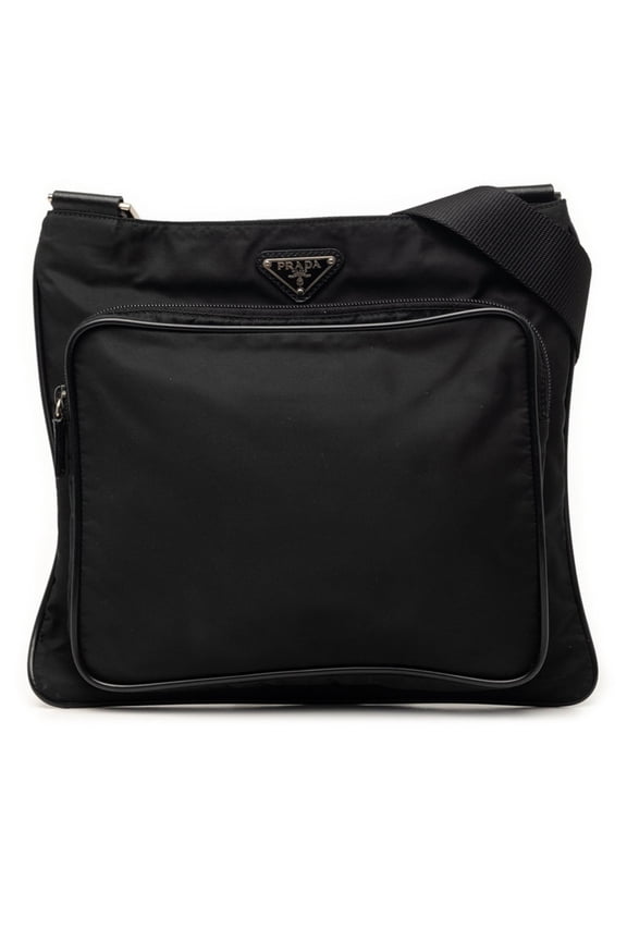 Pre-Owned Prada Triangle Logo Plate Crossbody Shoulder Bag, Black Nylon, Women's PRADA