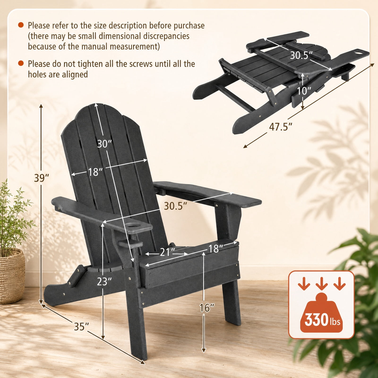 Furnibear Foldable Weather Resistant Adirondack Patio Chair with Built-In Cup Holder and Wide Armrests for Porch Backyard and Poolside, Black