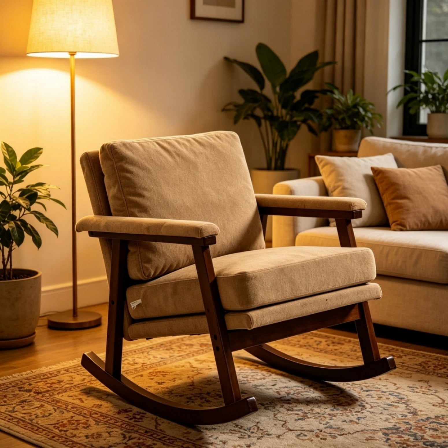 Mid-Century Modern Rocking Accent Chair with Wood Frame, Upholstered Reading Armchair with Waist Cushion, High-Density Foam Lounge Chair for Living Room, Bedroom, Sunroom, Khaki