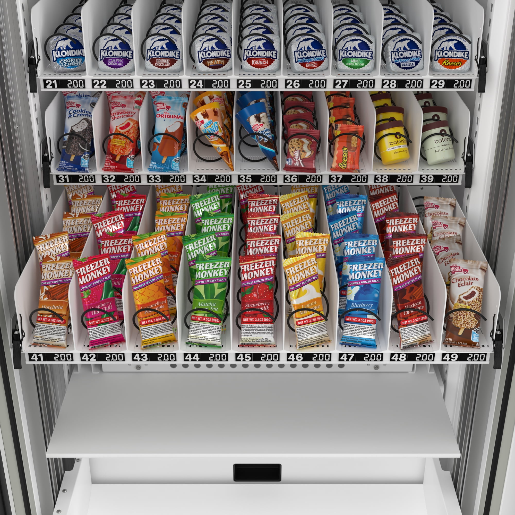 Freezer Ice Cream Vending Machine In White With 44 Slots Featuring Ample 49 Inch Touch Display, Bill Acceptor, Credit Card Reader, Wifi and 4G Connectivity