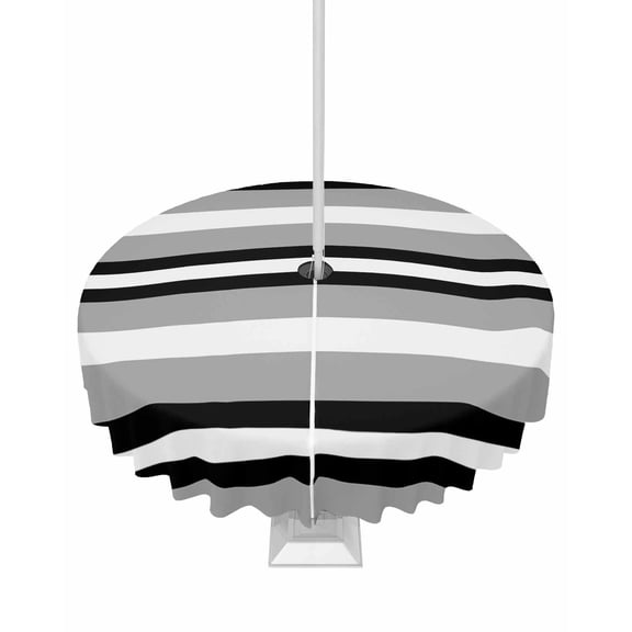 nqOlkjepod Black Gray Striped Outdoor Tablecloth with Umbrella Hole & Zipper, Contemporary Minimalist Lines Art Round Table Cover 54 Inch, Dining Waterproof Table Cloth Protector for Patio/Party
