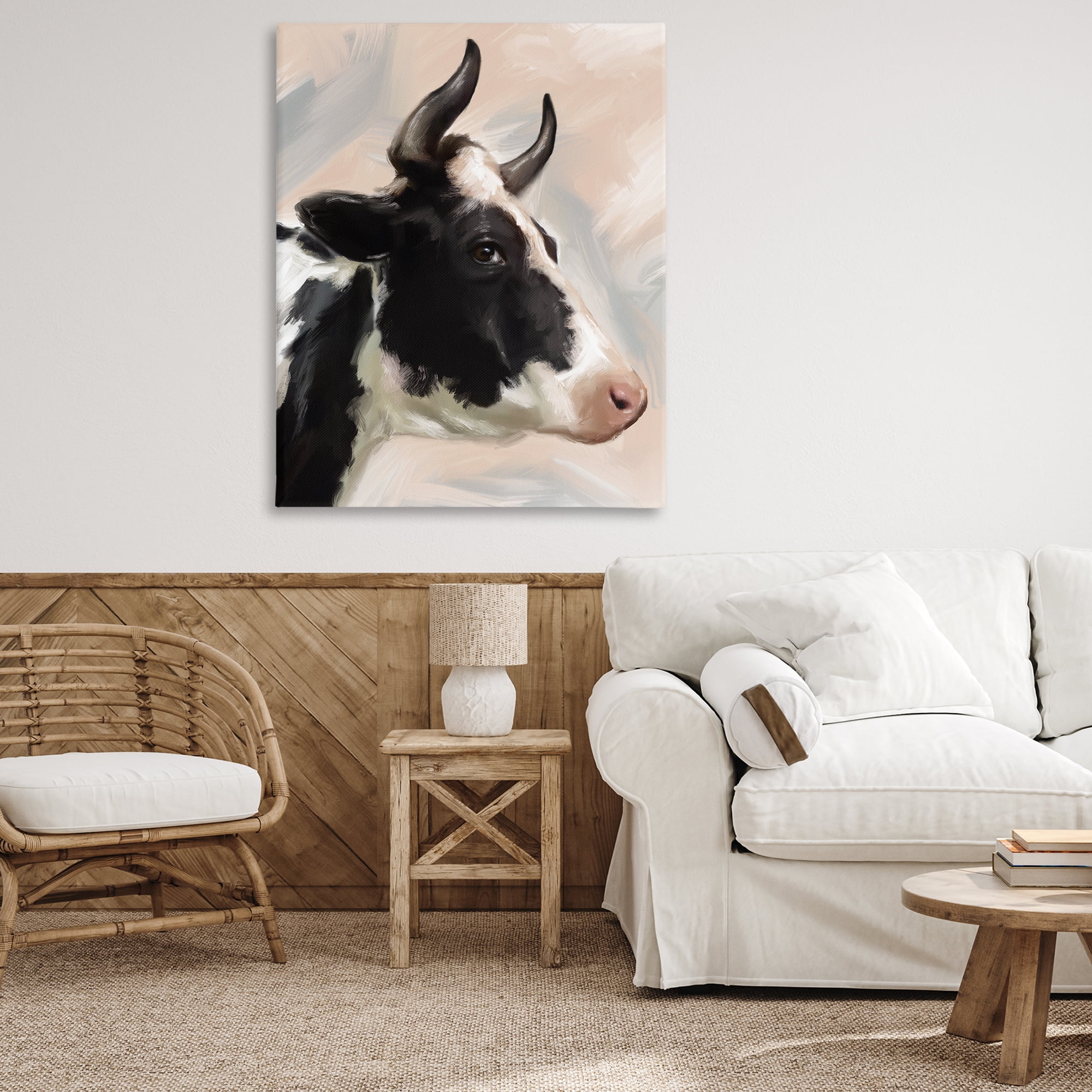Stupell Industries Farm Cow with Horns Animals Painting Wrapped Canvas Art Print Wall Art, 36 x 48