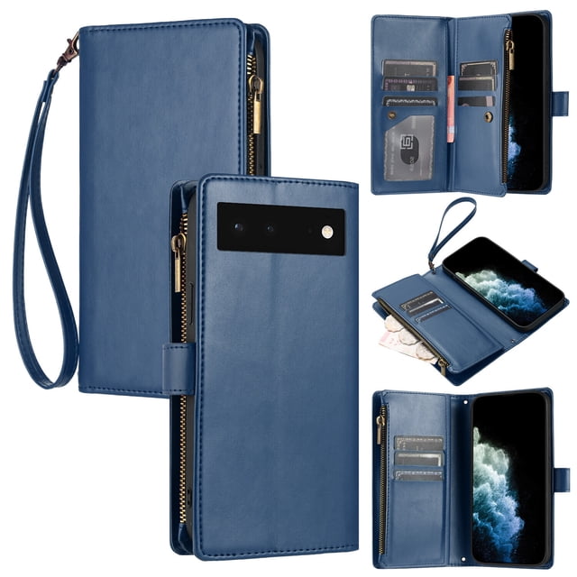 Compatible with Google Pixel 6 Wallet Case Premium Zipper Large Space Flip PU Leather Cover