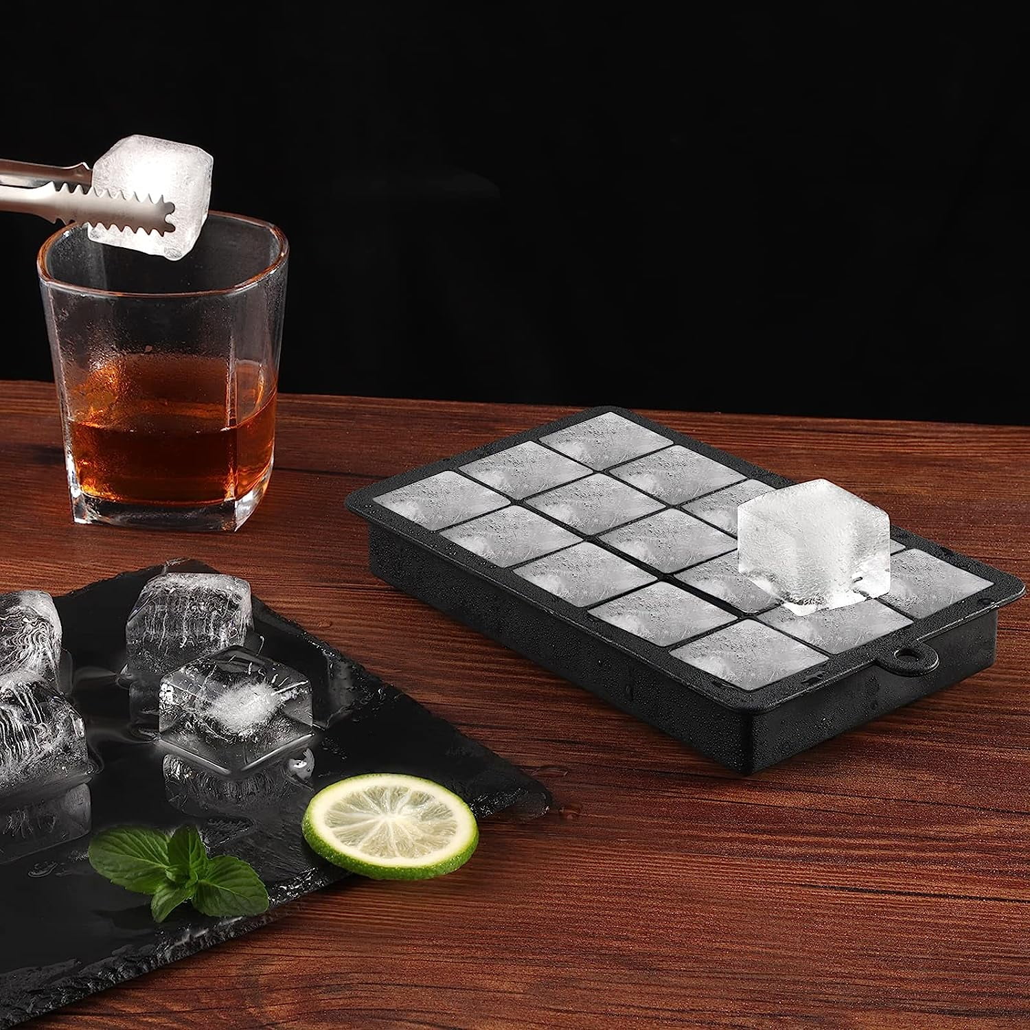 Large Ice Cube Trays with Lid,3 Pack Silicone Ice Cube Molds,15 Big Square Ice Cube Trays for Freezer Containers,Stackable Ice Maker for Cocktails,Whiskey,Easy Release & BPA Free(Black)