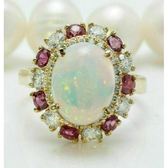 3Ct Oval Simulated Opal Ruby Diamond Engagement Ring 14K Yellow Gold Plated Silver