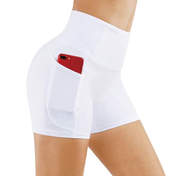 THE GYM PEOPLE Shorts de Yoga Taille Haute pour Femmes Contrôle du Ventre Entraînement Physique Athlétique Course avec Poches Profondes (Grand, Blanc)