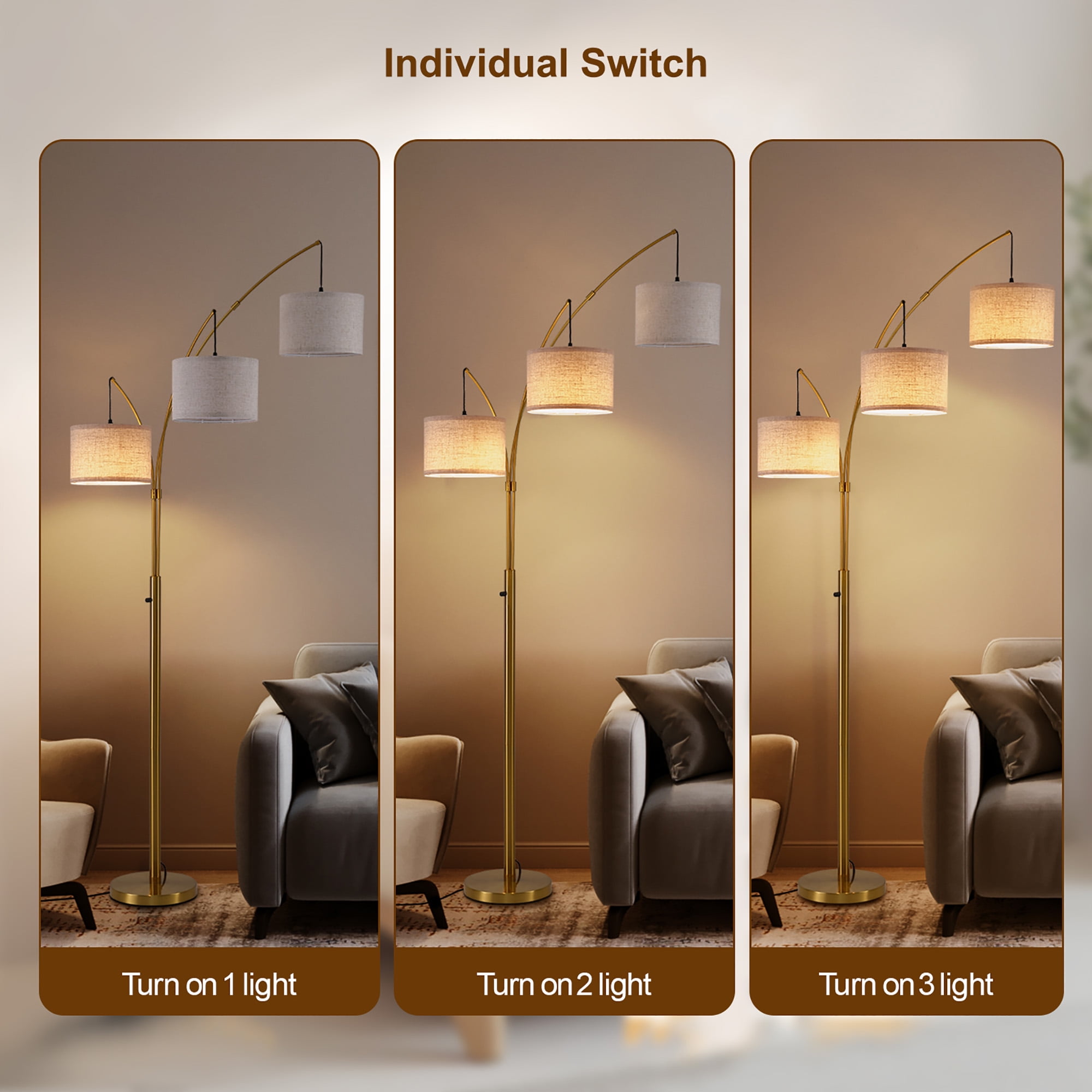80 Inch 3 Lights Arc Floor Lamps, Dimmable Floor Lamps for Living Room, 3 Color Temperature, Modern Tall Standing Lamp with Remote Control, Tree Floor Lamp for Bedroom Office