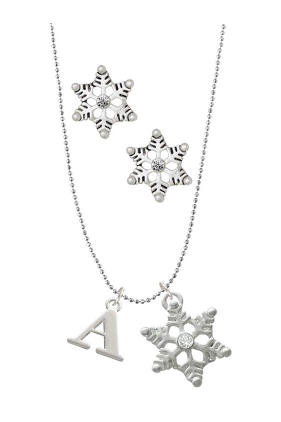 Silvertone Large Initial - A - Silver tone Snowflake Charm Necklace and Stud Earrings