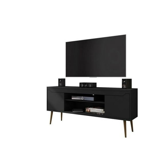 Bradley TV Stand White with 2 Media Shelves & 2 Storage Shelves in White with Solid Wood Legs, 26.57 x 62.99 x 14.17 in.