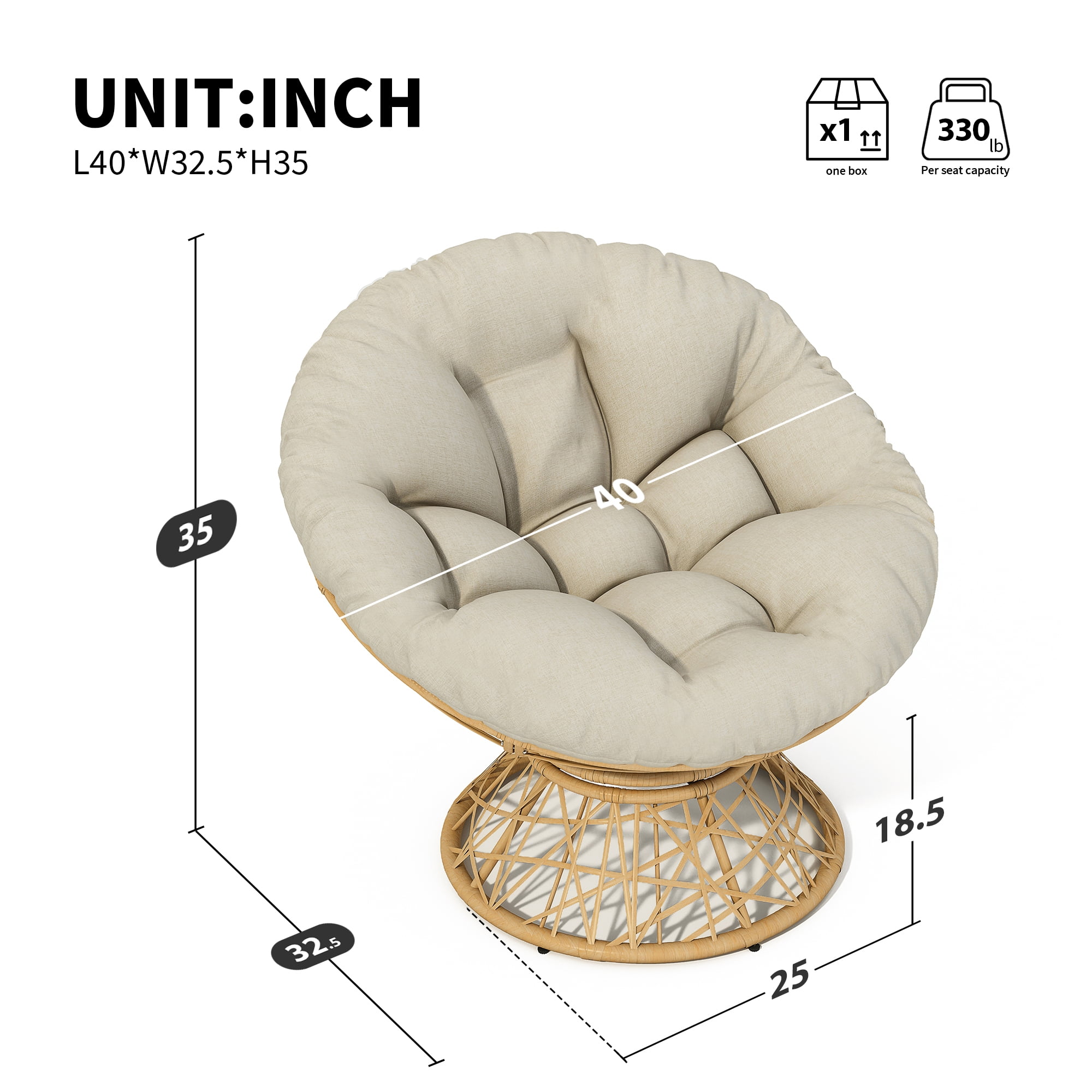 Leumius 40" Papasan Chair, Ergonomic Wicker Chair with Cloud Thick Density Fabric Cushion, Fluid 360 Degree Swivel for Reading,Living Room, Bedroom,Lounge,Gray Base, Beige+Natural Wood