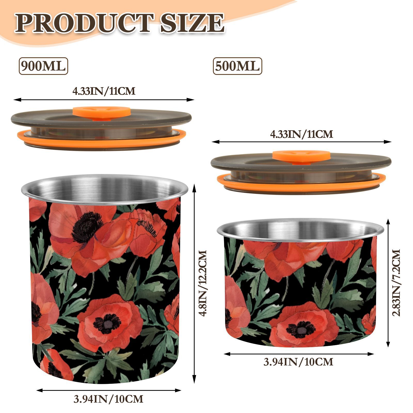 Poppy Flowers Airtight Coffee Bean Canister 900 ml Food Storage Containers with Lids For Gournd, Tea, Sugar, Flour, Rice, Cereal, Candy Cookie Jar