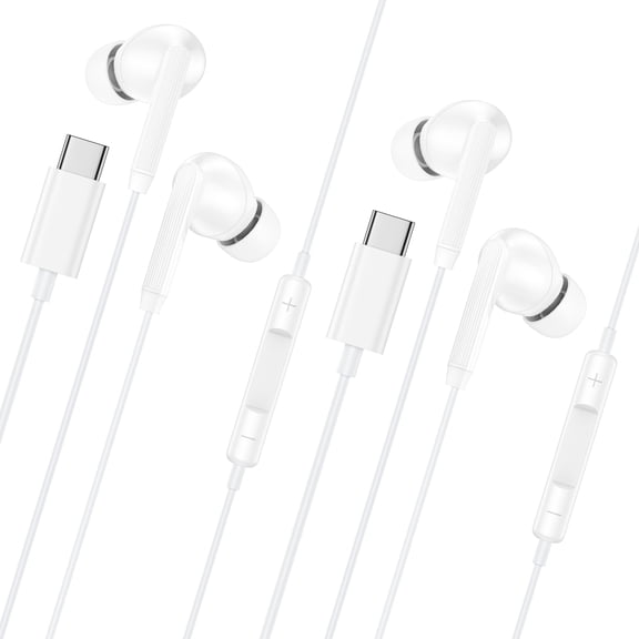 USB C Headphones Wired for iPhone 17 16 15, 2 Pack Type C Wired Earphones Ergonomic In-Ear Stereo Headphones Earbuds with Mic&Remote Control Noise Cancelling Compatible for Samsung Android, White
