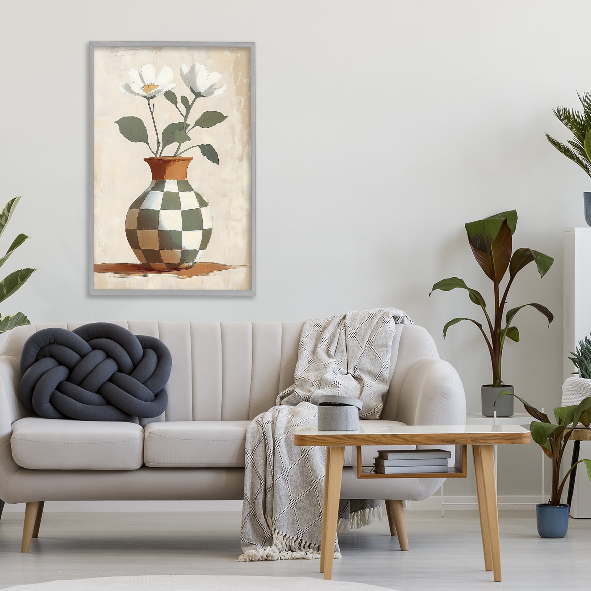 Stupell Industries Checkboard Green Flower Vase Gray Framed Giclee Art, design by Creative Studio