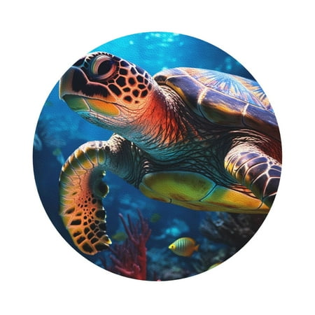 

Coaee Ice Blue Ocean Sea Turtle Print Leather Coasters Set of 6 Non-Slip Washable Cup Coasters for Home Office Bar Round Shape