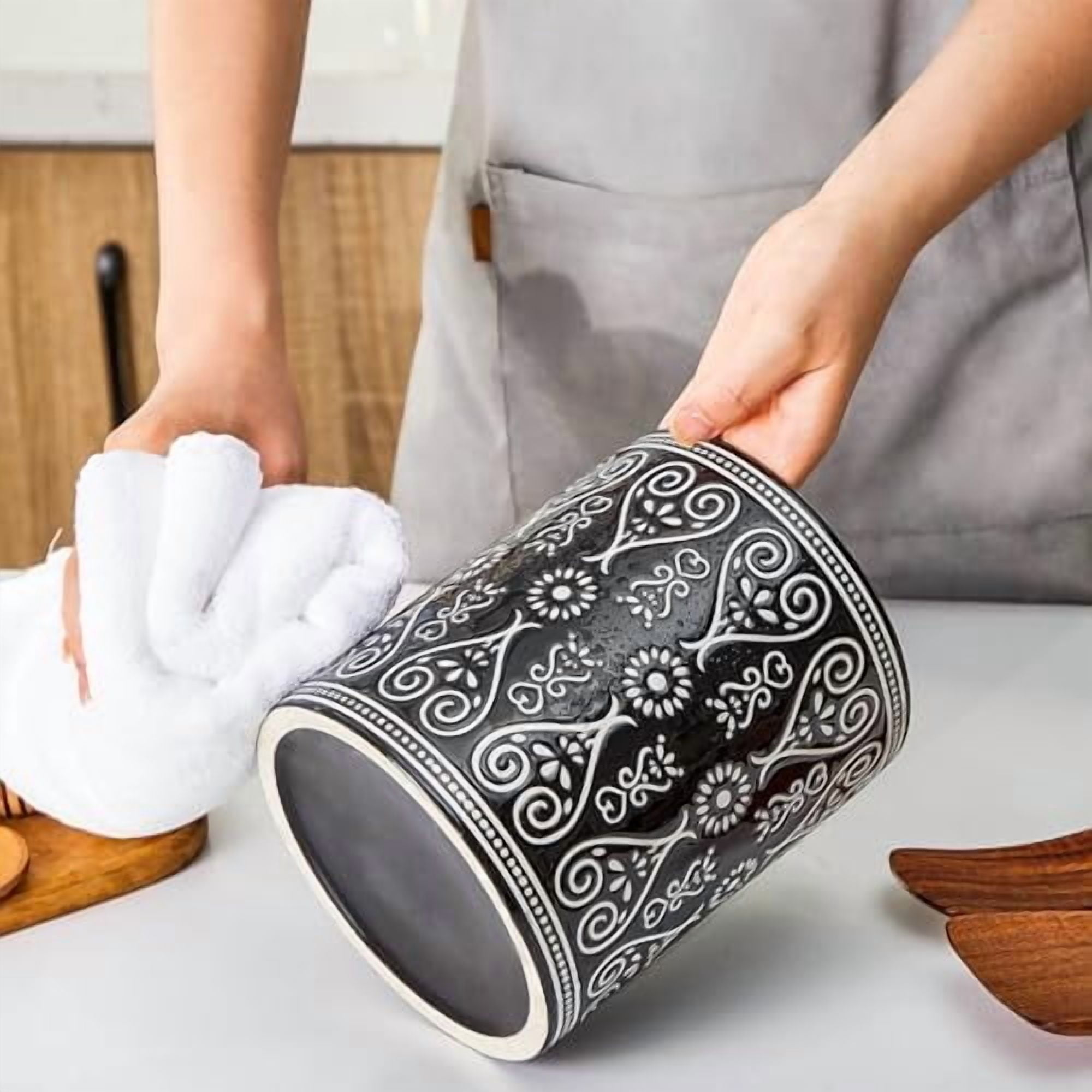 Black Heavy Ceramic Utensil Holder, 7" Extra Large Kitchen Utensil Holder for Countertop, Cooking Ceramic Crock for Farmhouse Kitchen Decor