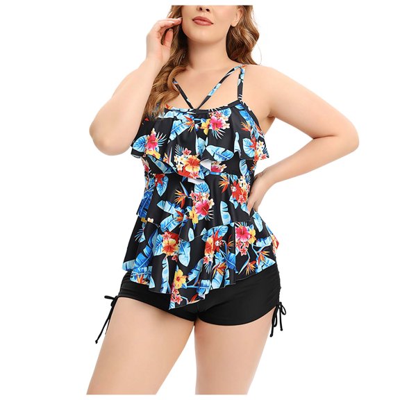 Wycnly Two-Piece Swimsuits for Women Summer Ruffle Layer Modest Plus Size Bathing Suits Sleeveless V-Neck Floral Print Swimwears Multicolor L