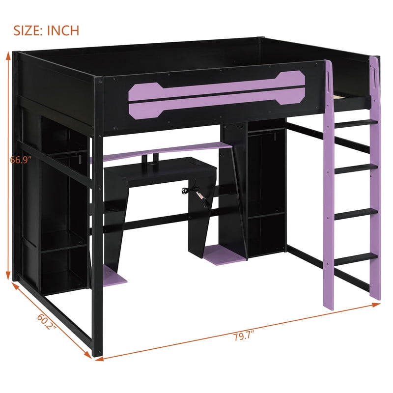 Full Size Wooden E-Sport Loft Bed with Desk, LED Lights & Charge Station, Storage Bed Frame with Built-in Wardrobe & Cabinets