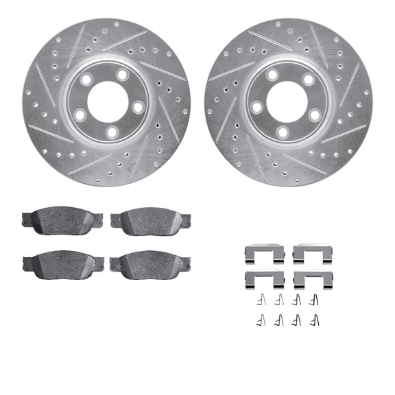 Dynamic Friction Company Front Brake Rotors-Drilled and Slotted-Silver with 5000 Advanced Brake Pads includes Hardware 7512-54015