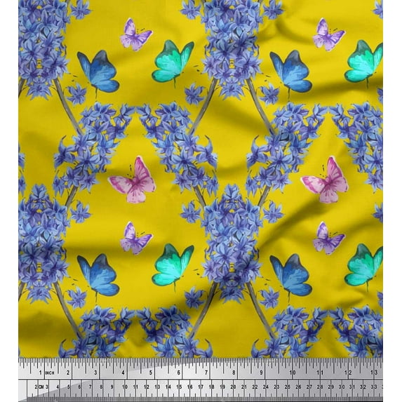 Soimoi Cotton Voile Fabric Butterfly & Wildflower Floral Printed Fabric 1 Yard 42 Inch Wide