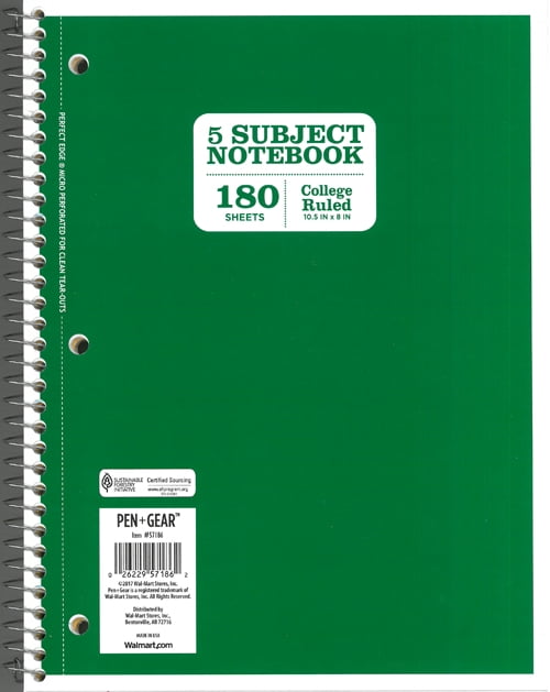 Pen + Gear Spiral Notebook, College Ruled, 5 Subject, 180 Pages, 8" x