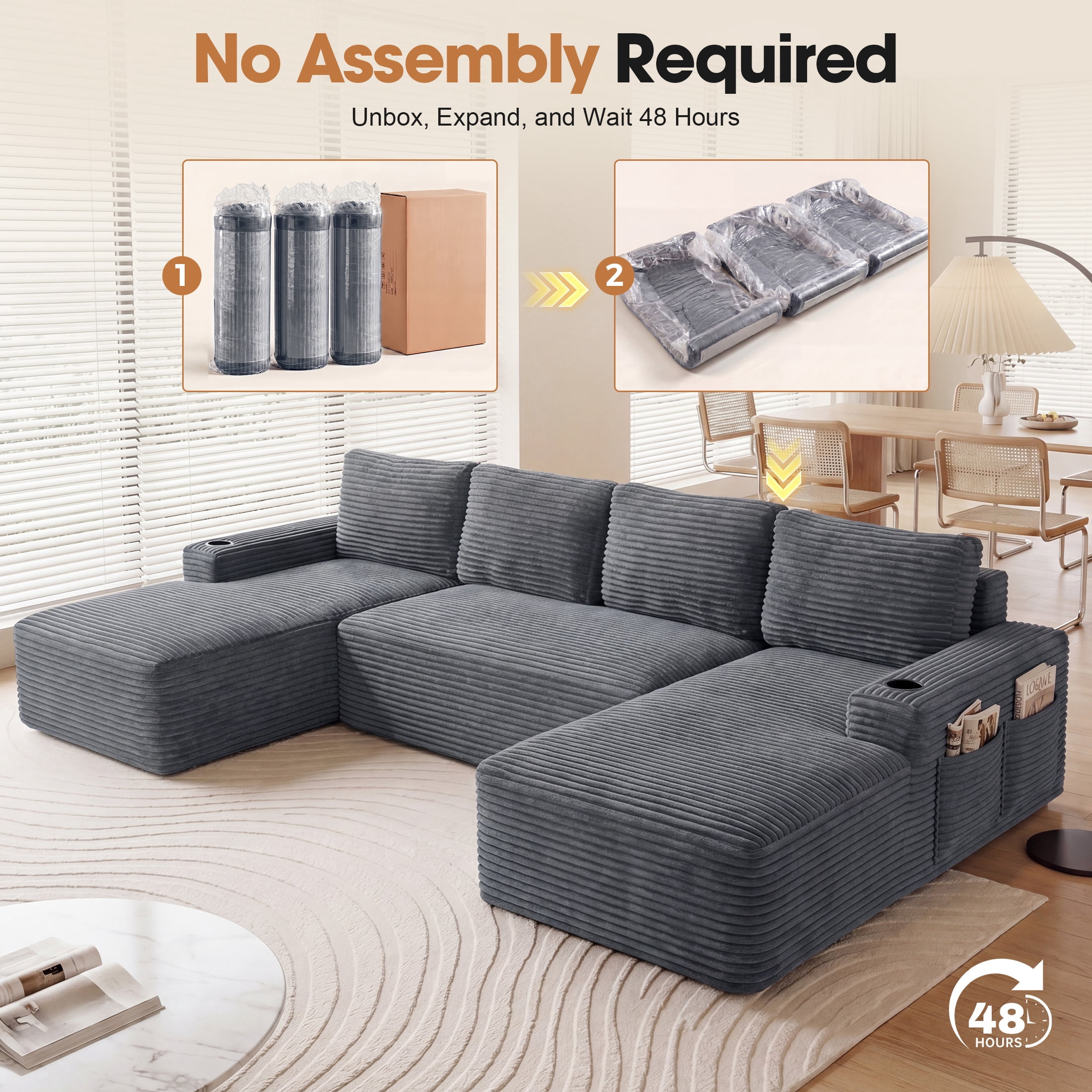 Aenkyo 133 in U-Shaped Cloud Corduroy Sectional Sofa with Cup Holders for Living Room, Cray